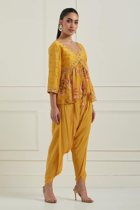 Buy_Label Nitisha_Yellow Georgette, Chanderi Cotton Floral Print Peplum Jacket And Dhoti Pant Set _Online_at_Aza_Fashions