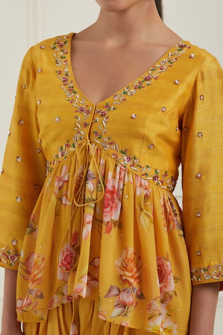 Shop_Label Nitisha_Yellow Georgette, Chanderi Cotton Floral Print Peplum Jacket And Dhoti Pant Set _Online_at_Aza_Fashions