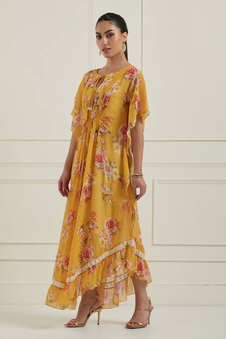 Label Nitisha_Yellow Georgette Sequins Round Neck Floral Print Kaftan Dress _Online_at_Aza_Fashions