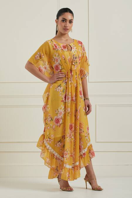 Buy_Label Nitisha_Yellow Georgette Sequins Round Neck Floral Print Kaftan Dress _Online_at_Aza_Fashions