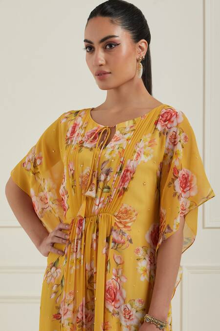 Shop_Label Nitisha_Yellow Georgette Sequins Round Neck Floral Print Kaftan Dress _Online_at_Aza_Fashions