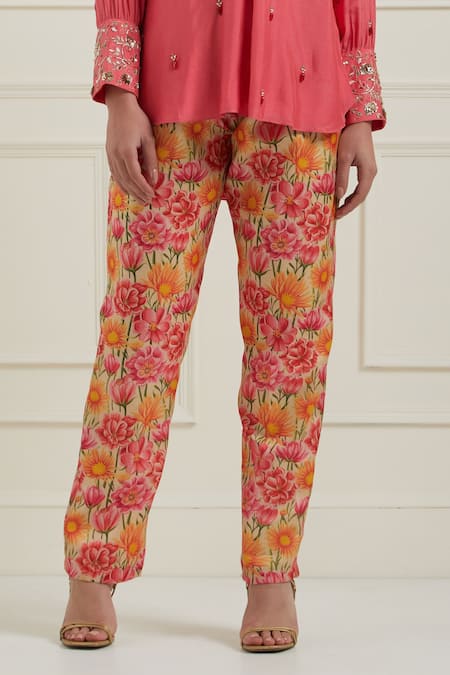 Label Nitisha_Pink Cotton, Chanderi Sequins V-neck Embroidered Tunic And Printed Trouser Set _at_Aza_Fashions