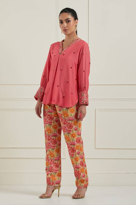 Label Nitisha_Pink Cotton, Chanderi Sequins V-neck Embroidered Tunic And Printed Trouser Set _Online_at_Aza_Fashions