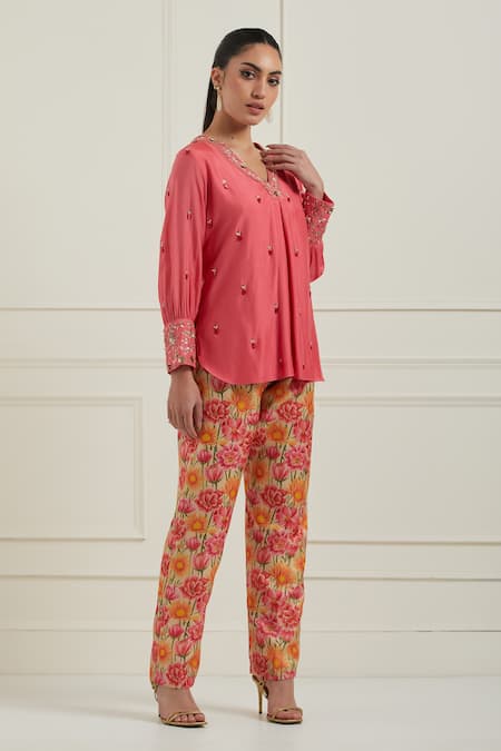 Buy_Label Nitisha_Pink Cotton, Chanderi Sequins V-neck Embroidered Tunic And Printed Trouser Set _Online_at_Aza_Fashions