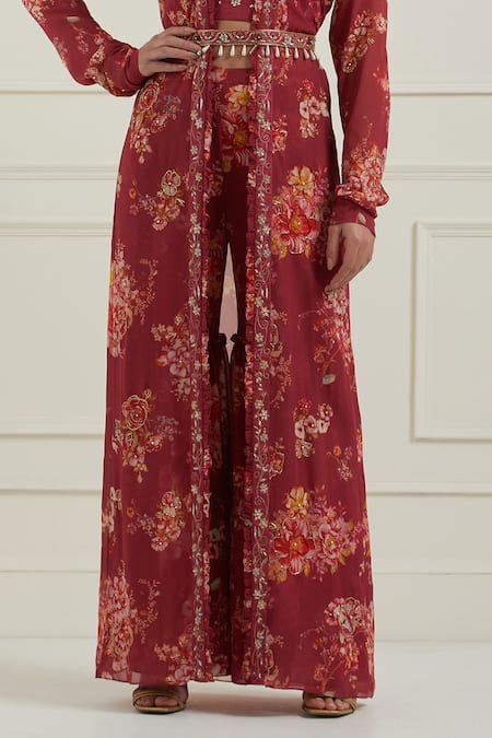 Label Nitisha_Red Georgette, Silk Pearls, Sequins, Tassels Floral Print Jacket Gharara Set _at_Aza_Fashions