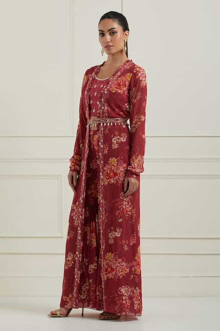 Buy_Label Nitisha_Red Georgette, Silk Pearls, Sequins, Tassels Floral Print Jacket Gharara Set _Online_at_Aza_Fashions