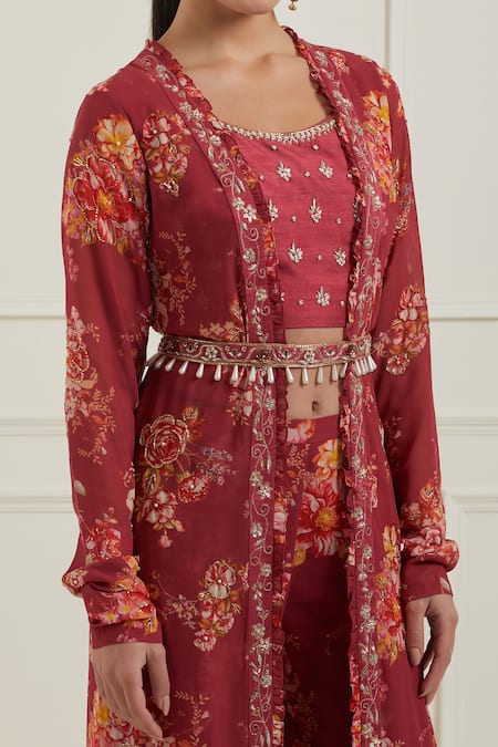 Shop_Label Nitisha_Red Georgette, Silk Pearls, Sequins, Tassels Floral Print Jacket Gharara Set _Online_at_Aza_Fashions