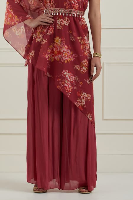 Label Nitisha_Red Georgette, Silk Embroidery One Shoulder Floral Print Tunic And Palazzo Set _at_Aza_Fashions