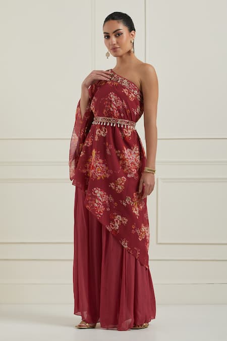 Label Nitisha_Red Georgette, Silk Embroidery One Shoulder Floral Print Tunic And Palazzo Set _Online_at_Aza_Fashions