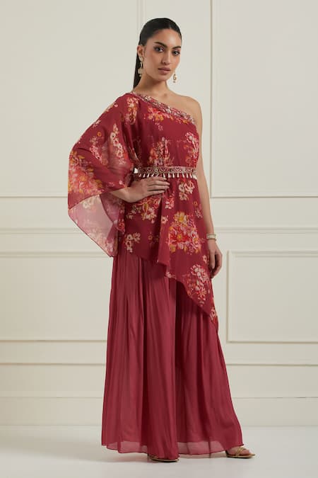 Buy_Label Nitisha_Red Georgette, Silk Embroidery One Shoulder Floral Print Tunic And Palazzo Set _Online_at_Aza_Fashions