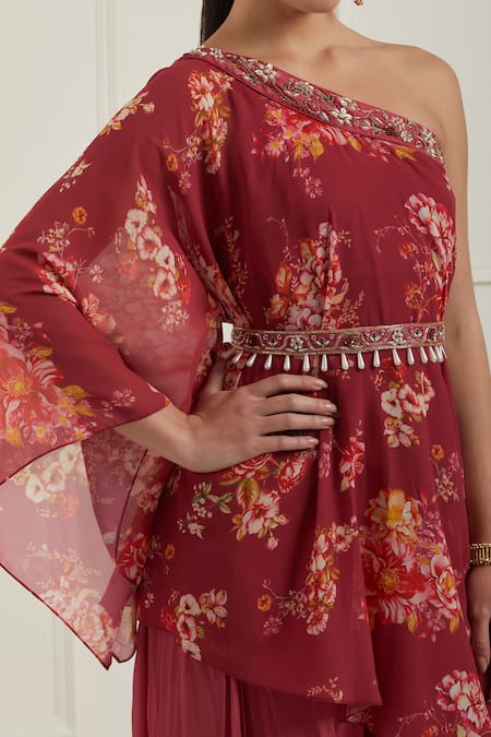 Shop_Label Nitisha_Red Georgette, Silk Embroidery One Shoulder Floral Print Tunic And Palazzo Set _Online_at_Aza_Fashions