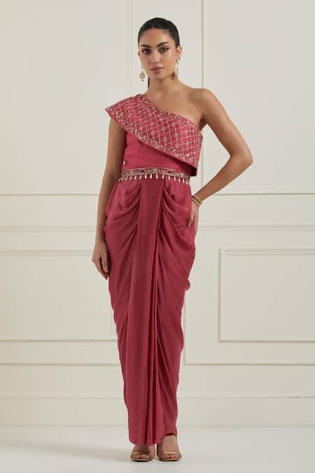 Label Nitisha_Pink Satin, Silk Tassels, Sequins, Pearls Embroidered One Shoulder Saree Gown _Online_at_Aza_Fashions