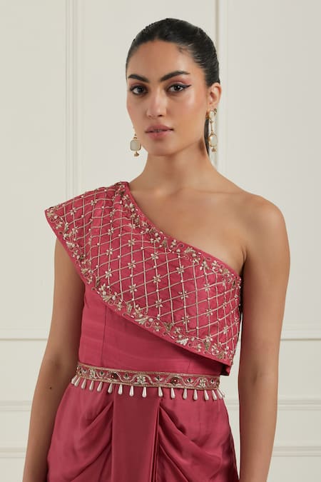 Shop_Label Nitisha_Pink Satin, Silk Tassels, Sequins, Pearls Embroidered One Shoulder Saree Gown _Online_at_Aza_Fashions