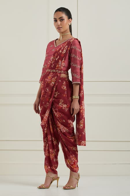 Label Nitisha_Red Georgette, Silk Embroidery, Floral Print Pre-draped Dhoti Saree With Blouse _Online_at_Aza_Fashions