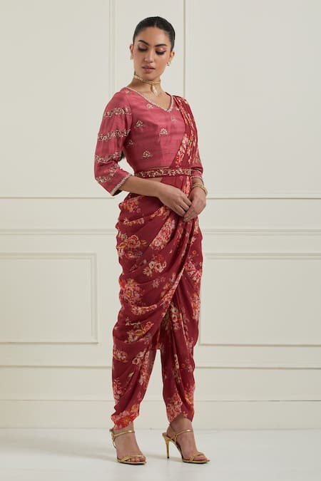 Buy_Label Nitisha_Red Georgette, Silk Embroidery, Floral Print Pre-draped Dhoti Saree With Blouse _Online_at_Aza_Fashions