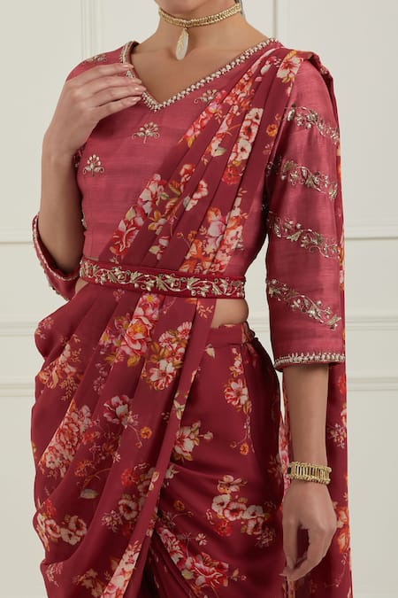 Shop_Label Nitisha_Red Georgette, Silk Embroidery, Floral Print Pre-draped Dhoti Saree With Blouse _Online_at_Aza_Fashions
