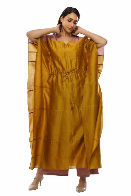 Buy_Khat_Yellow Chanderi Silk, Poplin Embroidery V-neck Pintuck Kaftan Pant Set _Online_at_Aza_Fashions