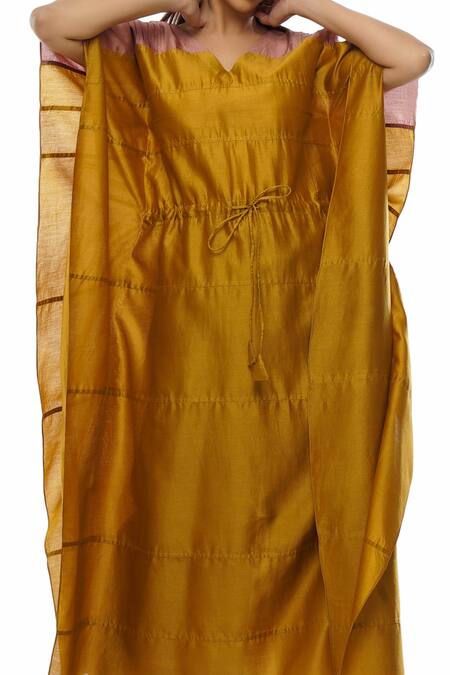 Shop_Khat_Yellow Chanderi Silk, Poplin Embroidery V-neck Pintuck Kaftan Pant Set _Online_at_Aza_Fashions