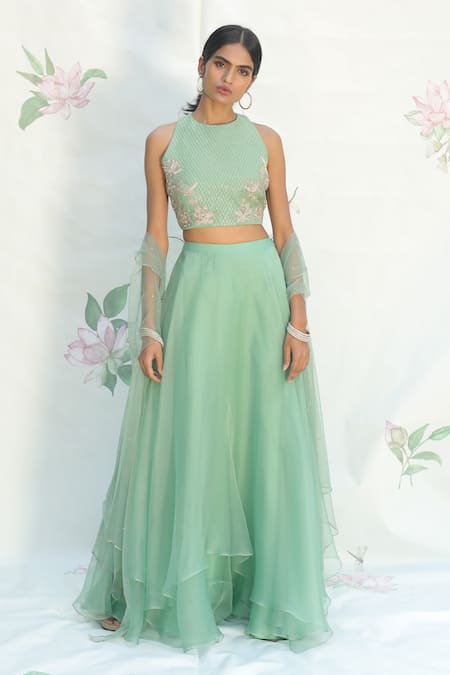 Taavare_Green Organza, Tulle, Georgette Blouse Round, Cape Embroidered Lehenga Set_at_Aza_Fashions