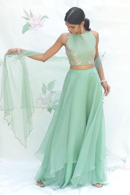 Buy_Taavare_Green Organza, Tulle, Georgette Blouse Round, Cape Embroidered Lehenga Set_Online_at_Aza_Fashions