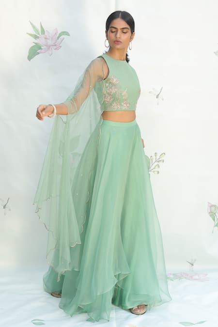 Shop_Taavare_Green Organza, Tulle, Georgette Blouse Round, Cape Embroidered Lehenga Set_Online_at_Aza_Fashions