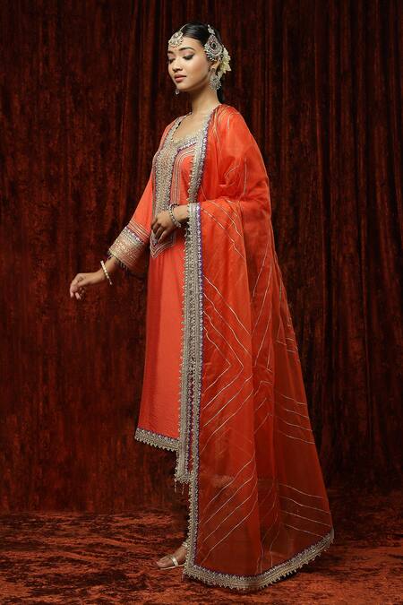 Buy_Shikhar Sharma_Orange Silk Chanderi Embroidered Pearl Round Kurta Pant Set _Online_at_Aza_Fashions