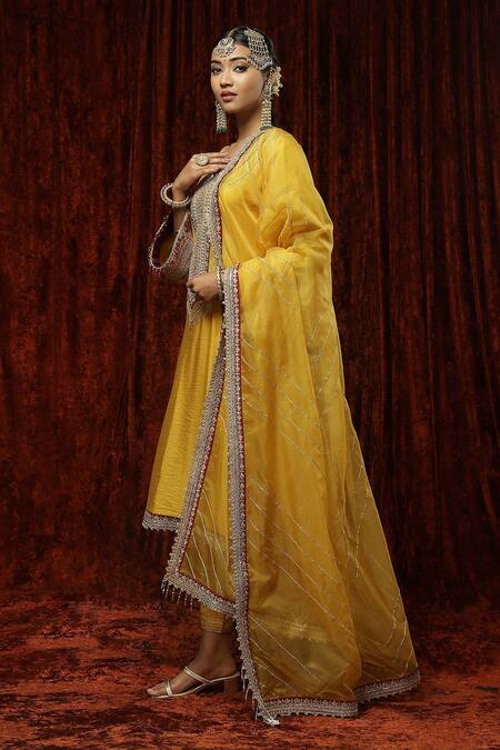 Buy_Shikhar Sharma_Yellow Silk Chanderi Embroidered Pearl Round Neck Kurta Pant Set _Online_at_Aza_Fashions
