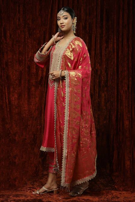 Buy_Shikhar Sharma_Pink Silk, Georgette, Chanderi Pearls, Embroidery, Gota Patti, Kurta Pant Set _Online_at_Aza_Fashions