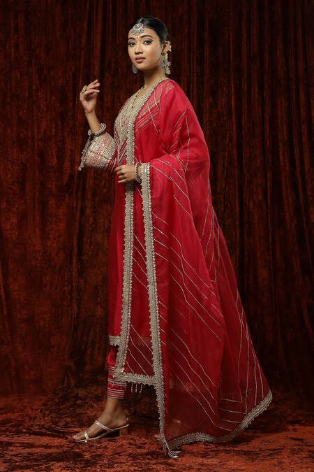 Buy_Shikhar Sharma_Red Silk Chanderi Embroidered Pearl V Neck Kurta Pant Set _Online_at_Aza_Fashions