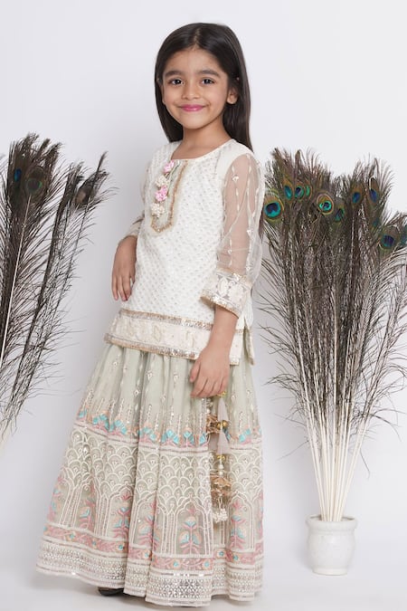 Buy_Little Bansi_Green Cotton, Net Sequins, Pearls, Embroidery Embellished Lehenga Set _Online_at_Aza_Fashions