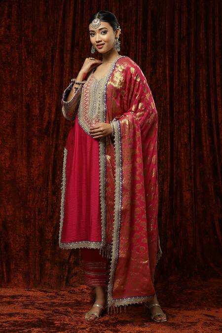 Buy_Shikhar Sharma_Pink Silk Chanderi Embroidered Pearl Leaf Neck Kurta Pant Set _Online_at_Aza_Fashions