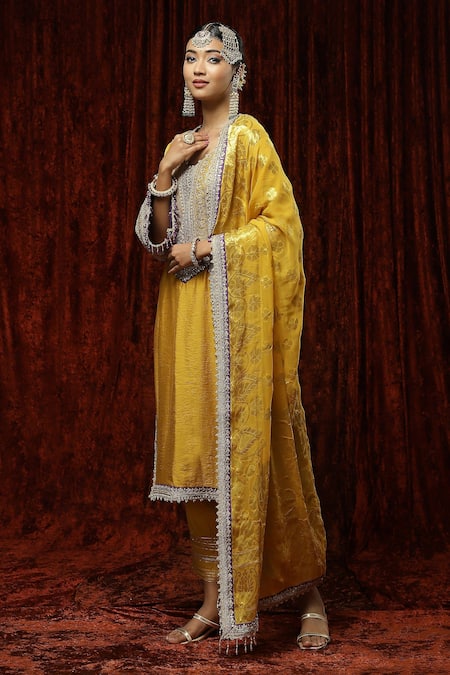 Buy_Shikhar Sharma_Yellow Silk Chanderi Embroidered Pearl V Neck Kurta Pant Set _Online_at_Aza_Fashions