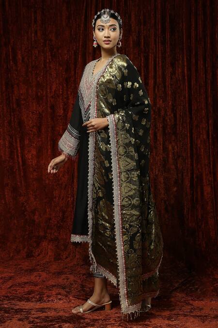 Buy_Shikhar Sharma_Black Silk Chanderi Embroidered Pearl V Neck Full Sleeve Kurta Pant Set _Online_at_Aza_Fashions
