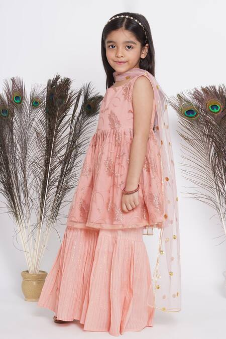 Shop_Little Bansi_Peach Cotton, Net, Lurex Sequins Embroidered Kurta Sharara Set _Online_at_Aza_Fashions