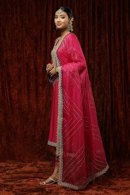 Buy_Shikhar Sharma_Pink Silk Chanderi Embroidered Pearl Round Neck Kurta Pant Set _Online_at_Aza_Fashions