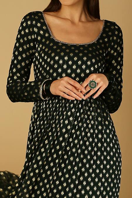 Monk & Mei By Sonia Anand Emerald Green Georgette, Brocade Zari, Embroidery Scoop Floral Woven Anarkali Online at Aza Fashions Monk & Mei By Sonia Anand_Emerald Green Georgette, Brocade Zari, Embroidery Scoop Floral Woven Anarkali _Online_at_Aza_Fashions