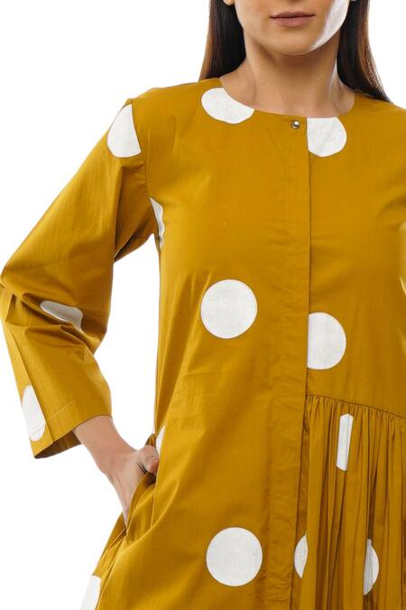 Buy_Khat_Yellow Cotton Round Neck Polka Dot Pattern Dress _Online_at_Aza_Fashions