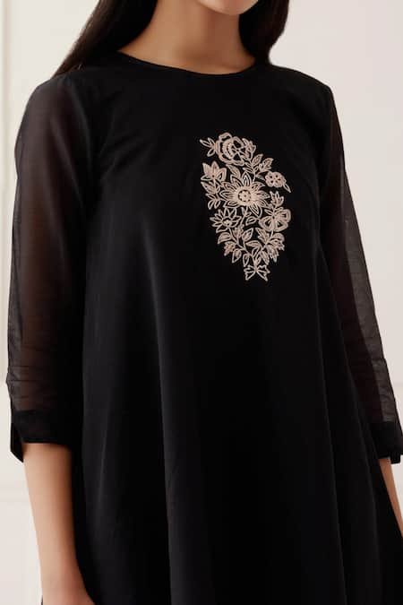 Shop_Kamaltaas_Black Chanderi Silk, Satin, Embroidery A-line Kurta And Pant Set _Online_at_Aza_Fashions