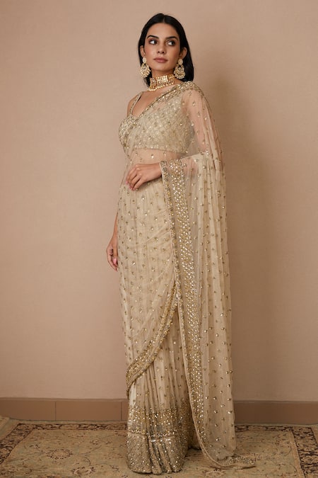 Buy_Astha Narang_Off White Net, Crepe Cut Work, Embroidery Scoop Neck Sequin Saree With Blouse _Online_at_Aza_Fashions