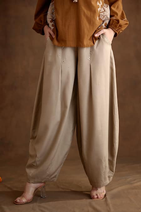 Buy Nikasha Brown Cotton, Silk, Rayon Embroidery, Beads Applique Top And Baggy Pant Set Online at Aza Fashions Buy_Nikasha_Brown Cotton, Silk, Rayon Embroidery, Beads Applique Top And Baggy Pant Set _Online_at_Aza_Fashions