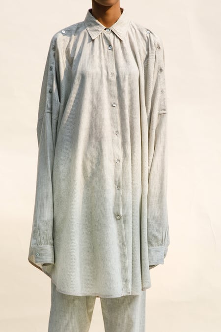 Buy_Urvashi Kaur_Off White Handloom Cotton Collared Ava Stripe Pattern Shirt _Online_at_Aza_Fashions