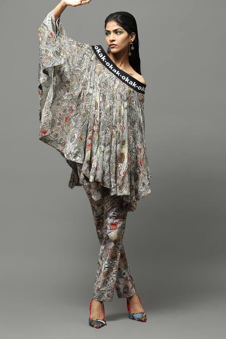 Shop AK-OK Multi Color Chiffon, Lycra One Shoulder Abstract Print Off Top And Pant Set Online at Aza Fashions Shop_AK-OK_Multi Color Chiffon, Lycra One Shoulder Abstract Print Off Top And Pant Set _Online_at_Aza_Fashions