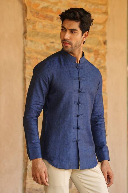 Buy_Raw & Rustic by Niti Bothra_Blue Linen Embroidery Handcrafted Straight Shirt _Online_at_Aza_Fashions
