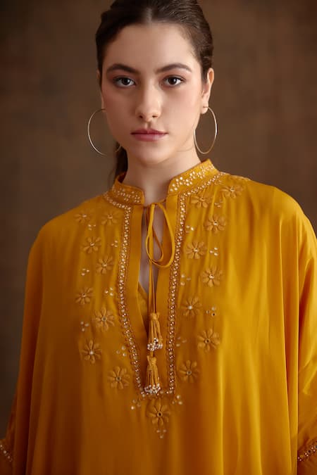 Buy Nikasha Yellow Viscose Embroidery, Mirrors Keyhole Neck Yoke Kaftan Dress Online at Aza Fashions Buy_Nikasha_Yellow Viscose Embroidery, Mirrors Keyhole Neck Yoke Kaftan Dress _Online_at_Aza_Fashions