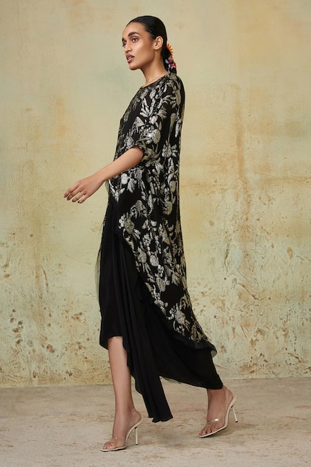 Style Junkiie Black Georgette Mirrors, Chains Draped Asymmetrical Skirt Online at Aza Fashions Style Junkiie_Black Georgette Mirrors, Chains Draped Asymmetrical Skirt _Online_at_Aza_Fashions