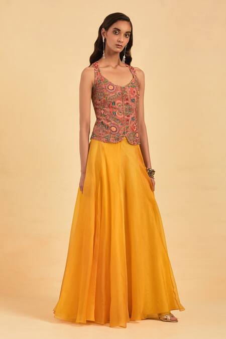 Buy_Aum By Asit And Ashima_Orange Organza Embroidery Flower Vine V Neck Corset With Skirt _Online_at_Aza_Fashions