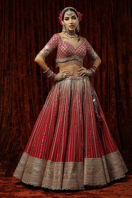 Shikhar Sharma Red Silk, Georgette, Chanderi Embroidery, Tassels, Musk Rose Bridal Lehenga Set Online at Aza Fashions Shikhar Sharma_Red Silk, Georgette, Chanderi Embroidery, Tassels, Musk Rose Bridal Lehenga Set _Online_at_Aza_Fashions