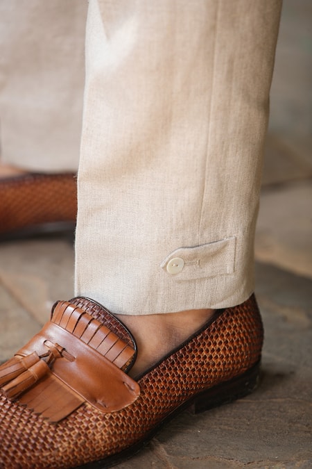 Buy_Raw & Rustic By Niti Bothra_Beige Linen Buttoned Hem Handcrafted Straight Pant _Online_at_Aza_Fashions