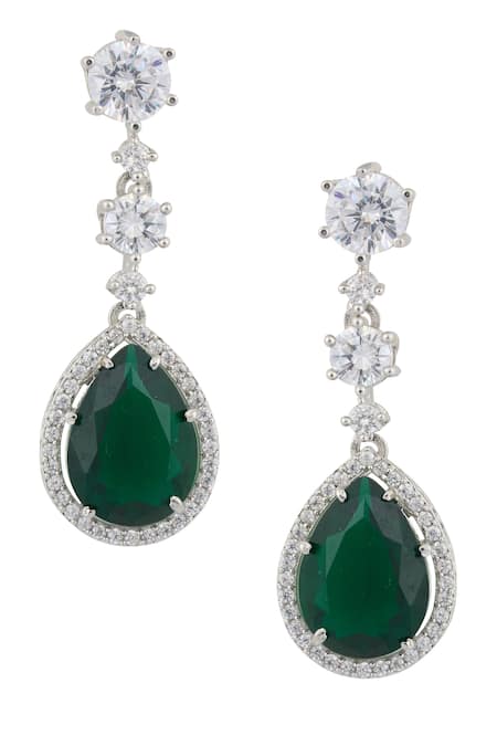 Saga Jewels Silver Plated Crystals, Stones Emerald Pendant Drop Necklace Set Online at Aza Fashions Saga Jewels_Silver Plated Crystals, Stones Emerald Pendant Drop Necklace Set _Online_at_Aza_Fashions