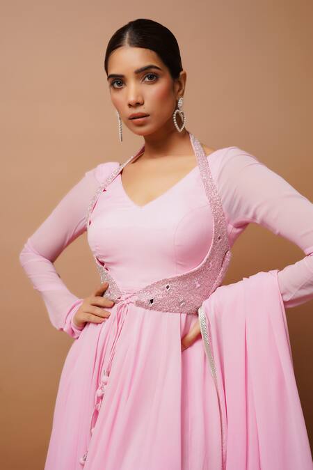 Ahi Clothing Pink Georgette, Satin Embroidery, Zari, Gota Patti V-neck Anarkali Set Online at Aza Fashions Ahi Clothing_Pink Georgette, Satin Embroidery, Zari, Gota Patti V-neck Anarkali Set _Online_at_Aza_Fashions